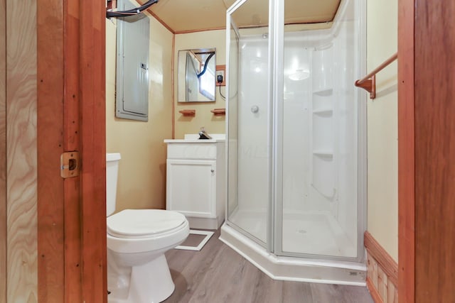 bathroom with hardwood / wood-style floors, vanity, walk in shower, electric panel, and toilet