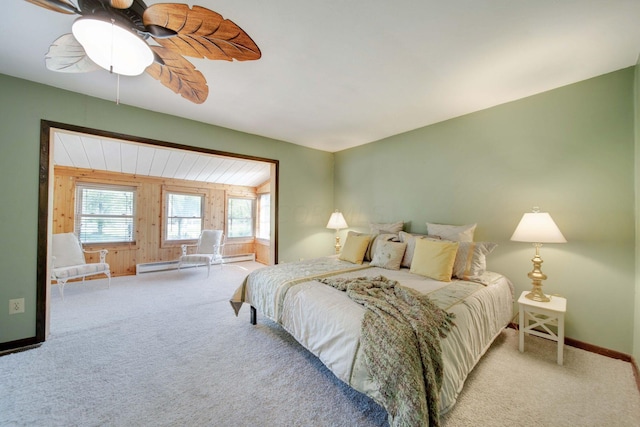 carpeted bedroom with ceiling fan, wood walls, and baseboard heating