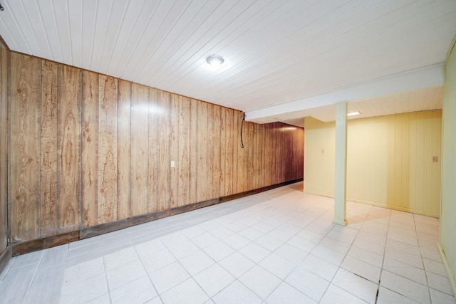 basement featuring wooden ceiling and wood walls