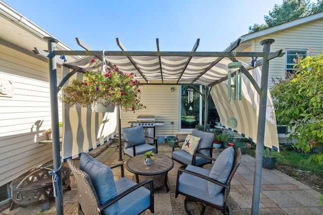 view of patio with an outdoor hangout area and a pergola