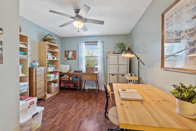 office area with ceiling fan, dark hardwood / wood-style floors, and a textured ceiling