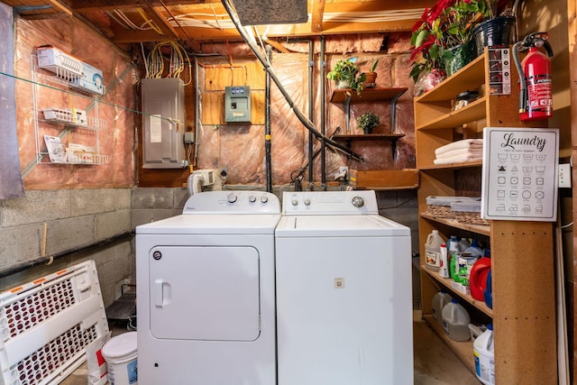 laundry area with heating unit, electric panel, and washer and clothes dryer