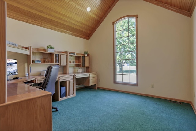 unfurnished office featuring light carpet, wooden ceiling, and lofted ceiling