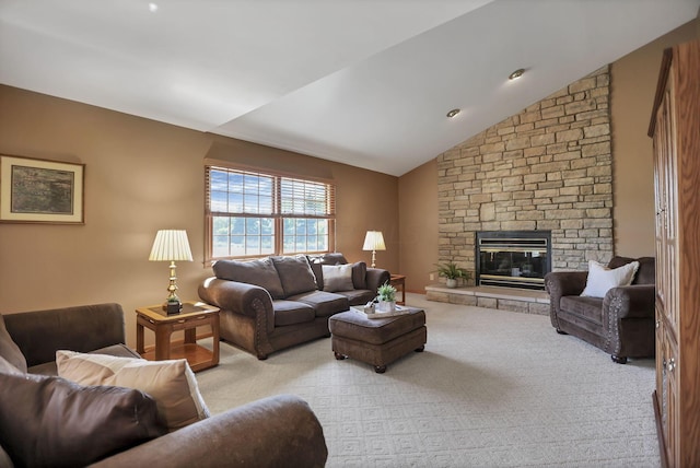 living room featuring light carpet, a fireplace, and lofted ceiling