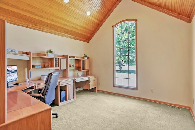 carpeted office space featuring wood ceiling and lofted ceiling