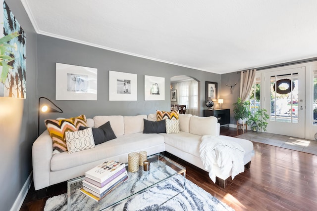 living room with ornamental molding, a textured ceiling, and dark wood-type flooring