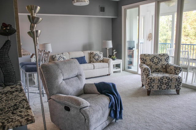 living room featuring light colored carpet