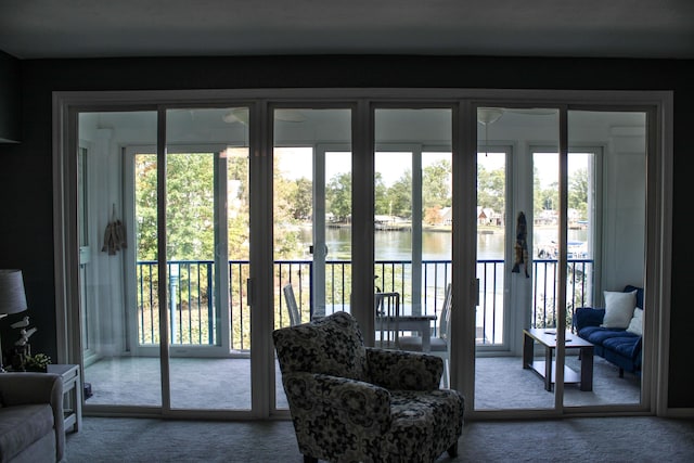 doorway with a water view and carpet