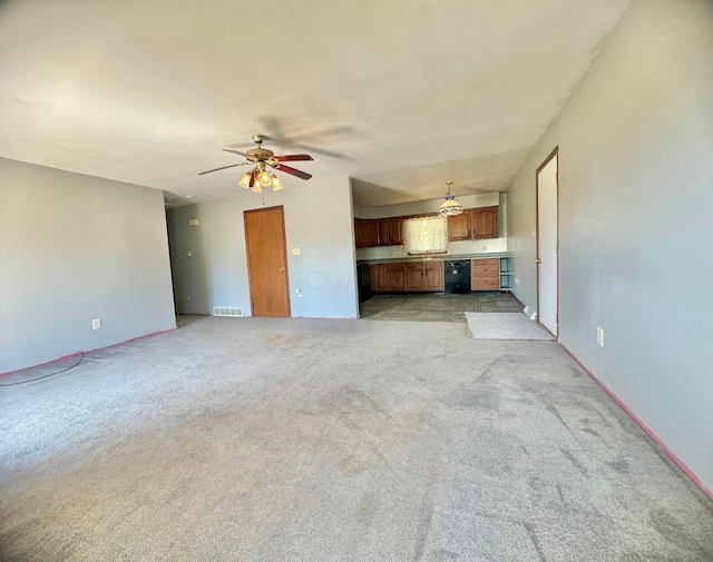 unfurnished living room with light carpet and ceiling fan