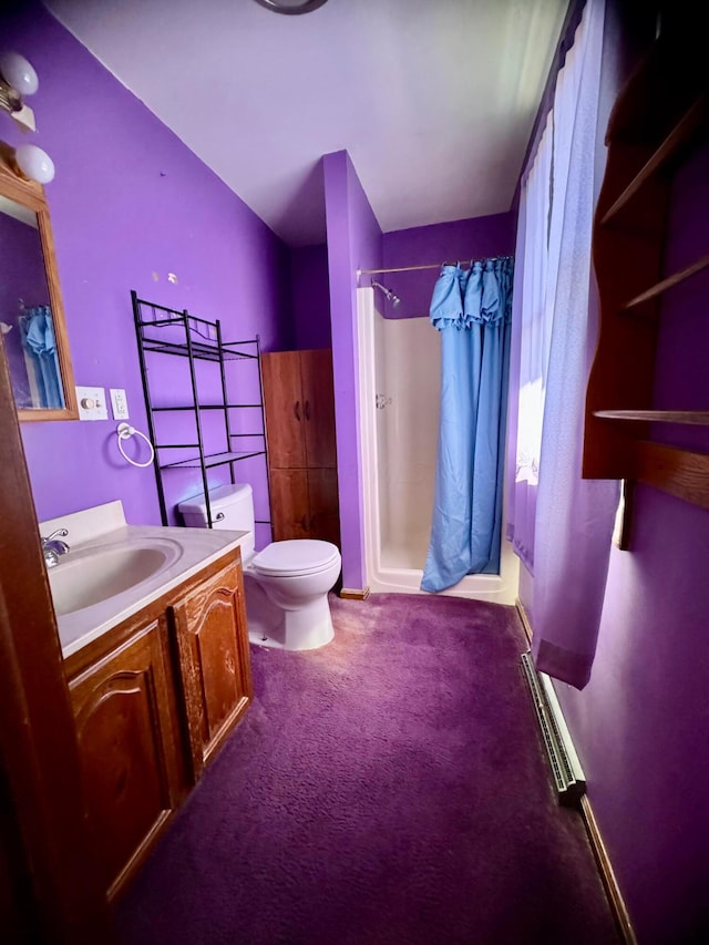 bathroom with a shower with shower curtain, vanity, toilet, and a baseboard radiator