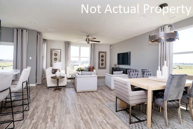 dining area with wood-type flooring and ceiling fan