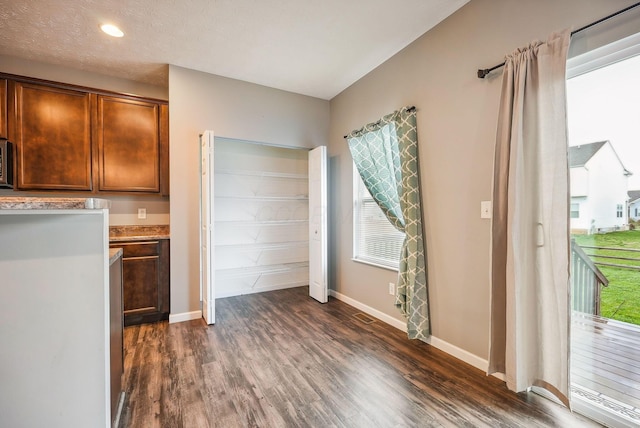 kitchen with dark hardwood / wood-style floors, a healthy amount of sunlight, and a textured ceiling