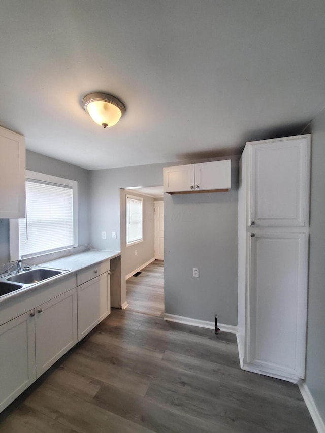 kitchen with a wealth of natural light, white cabinets, and dark wood-type flooring