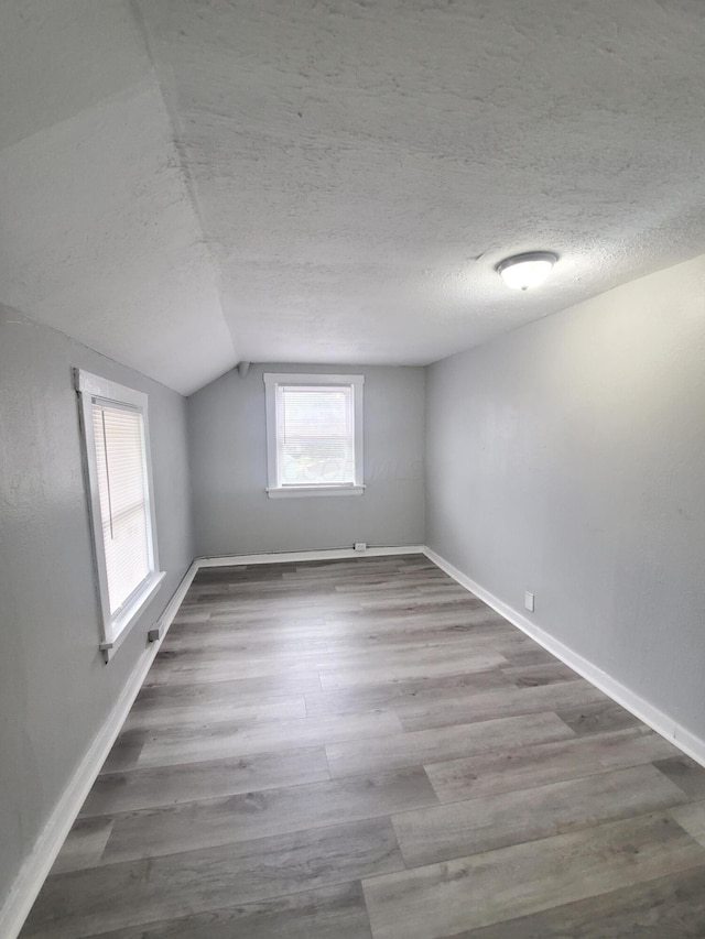 bonus room featuring lofted ceiling, wood-type flooring, and a textured ceiling