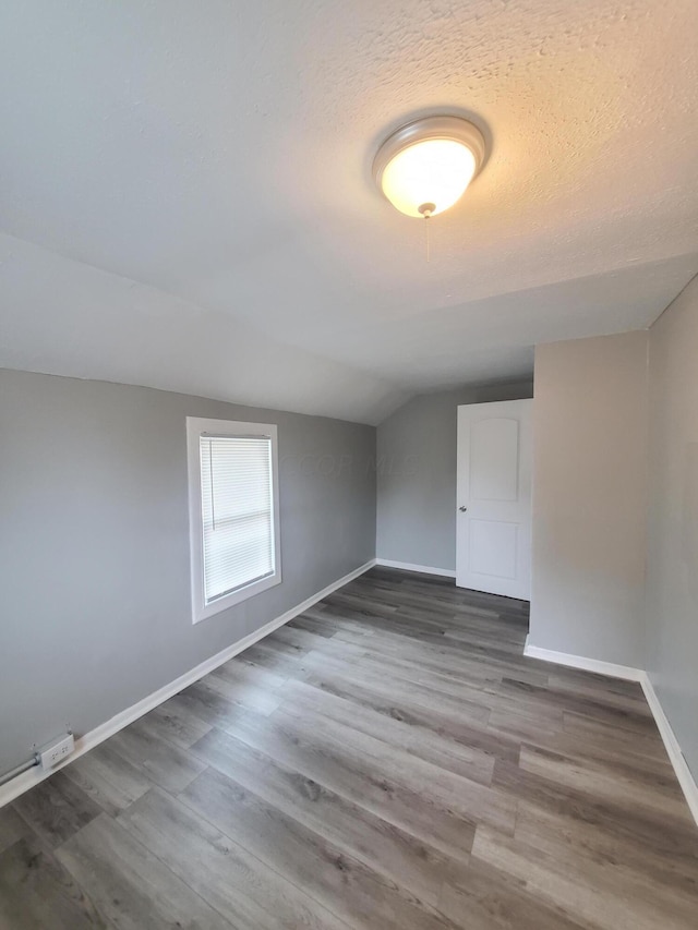 bonus room with wood-type flooring, a textured ceiling, and vaulted ceiling