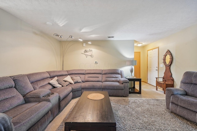 carpeted living room with a textured ceiling