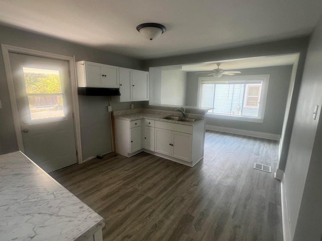 kitchen with kitchen peninsula, white cabinetry, dark hardwood / wood-style flooring, and sink