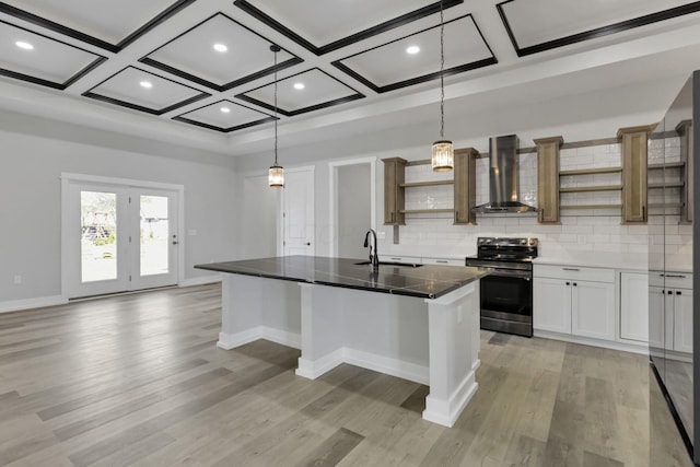 13917 Fantasy Way, Pickerington, OH 43147 - kitchen featuring stainless steel electric stove, white cabinets, wall chimney exhaust hood, and coffered ceiling