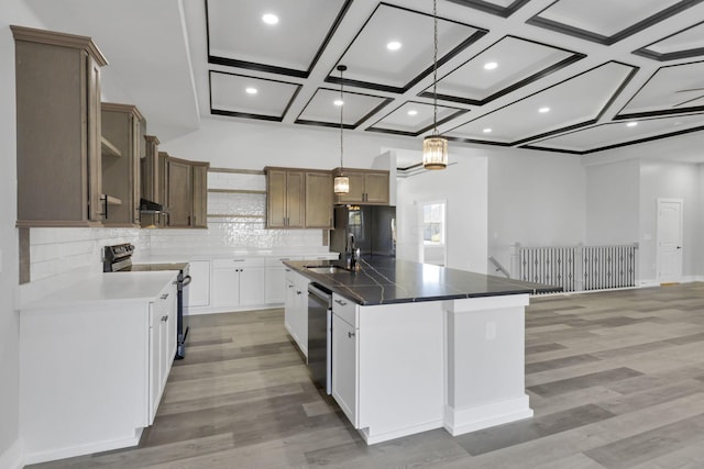 13917 Fantasy Way, Pickerington, OH 43147 - kitchen with white cabinets, light hardwood / wood-style floors, appliances with stainless steel finishes, and coffered ceiling