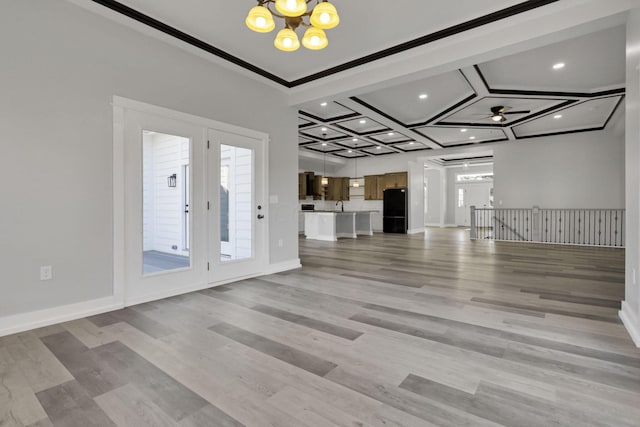13917 Fantasy Way, Pickerington, OH 43147 - unfurnished living room featuring coffered ceiling, ceiling fan with notable chandelier, sink, beam ceiling, and light hardwood / wood-style floors