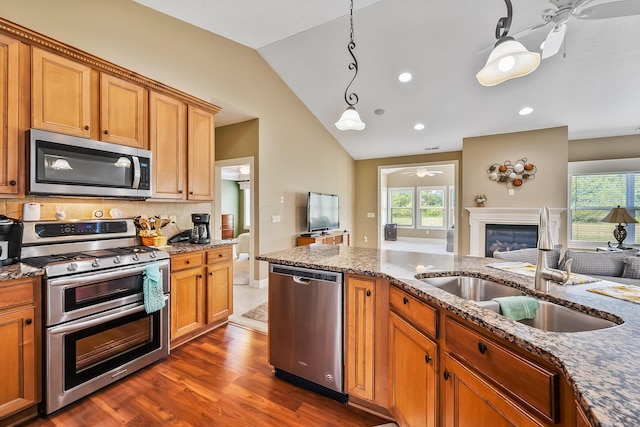 kitchen featuring sink, hanging light fixtures, stainless steel appliances, dark hardwood / wood-style floors, and vaulted ceiling