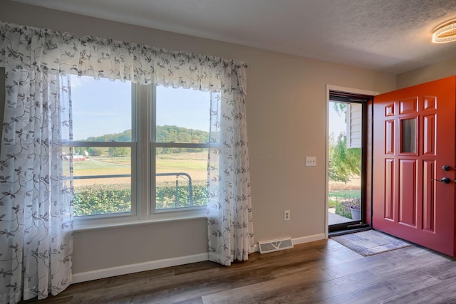 foyer entrance with a textured ceiling and hardwood / wood-style flooring