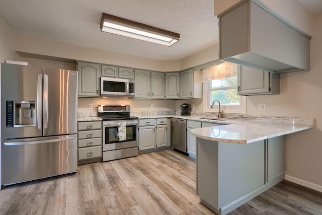 kitchen featuring sink, stainless steel appliances, light hardwood / wood-style flooring, kitchen peninsula, and a textured ceiling