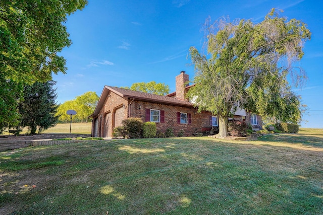 view of property exterior with a lawn and a garage