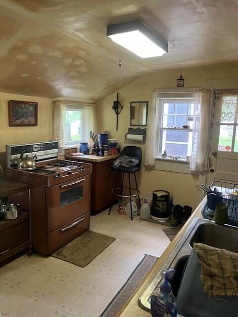 kitchen featuring plenty of natural light, lofted ceiling, and range