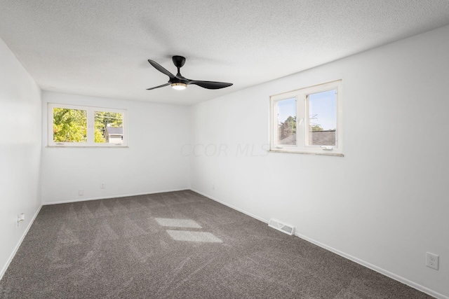 carpeted spare room featuring plenty of natural light, ceiling fan, and a textured ceiling