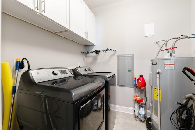 laundry room with cabinets, washing machine and dryer, electric panel, and water heater