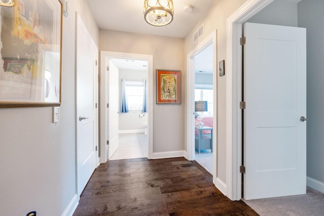 hallway featuring a notable chandelier and dark hardwood / wood-style flooring