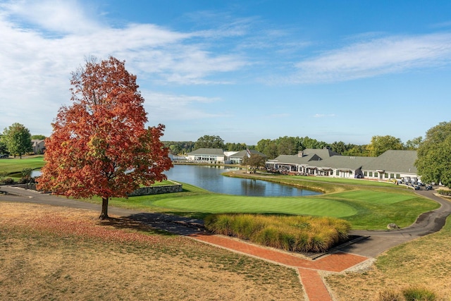 view of home's community with a lawn and a water view