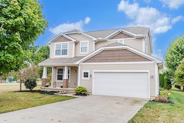 craftsman-style house with a porch and a front lawn