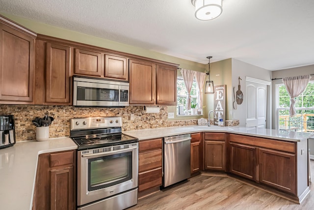 kitchen featuring pendant lighting, a healthy amount of sunlight, light hardwood / wood-style flooring, and stainless steel appliances