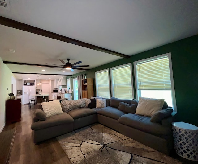 living room featuring hardwood / wood-style flooring and ceiling fan