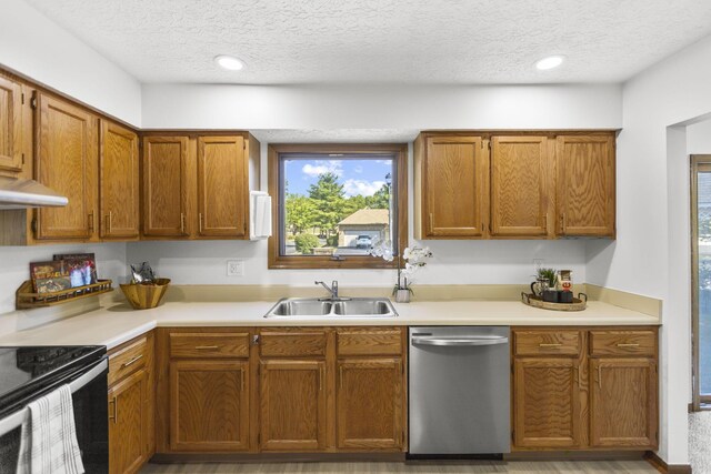 kitchen with range with electric cooktop, stainless steel dishwasher, a textured ceiling, ventilation hood, and sink