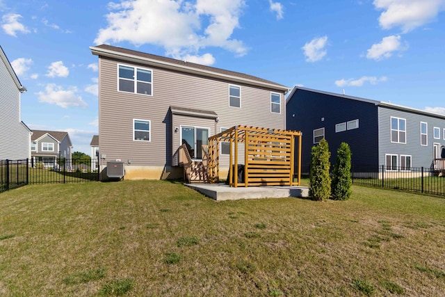 back of property featuring a pergola, a lawn, and central AC unit