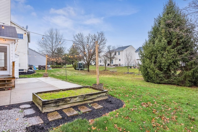 view of yard featuring a trampoline and a patio area