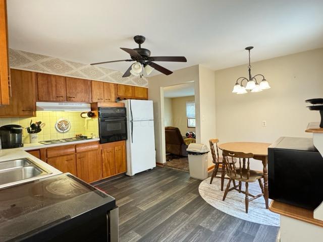 kitchen with dark wood-type flooring, stainless steel gas cooktop, white fridge, black oven, and ceiling fan with notable chandelier