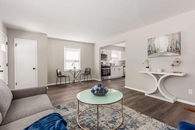 living room with dark hardwood / wood-style flooring and sink