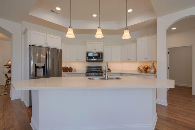 kitchen with white cabinets, appliances with stainless steel finishes, and a raised ceiling