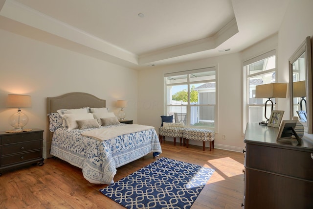 bedroom with a tray ceiling and hardwood / wood-style flooring