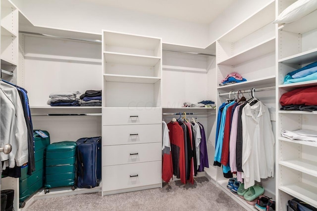 walk in closet featuring light carpet