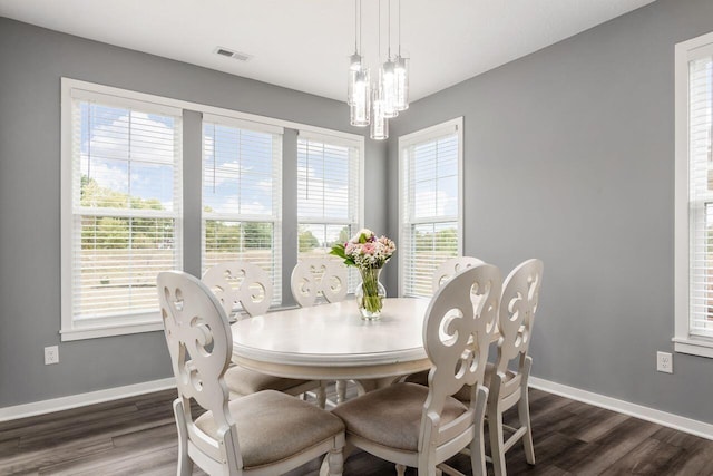 dining area featuring plenty of natural light and dark hardwood / wood-style floors