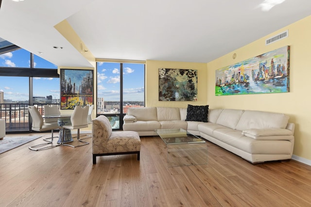 living room with a healthy amount of sunlight, a wall of windows, and wood-type flooring