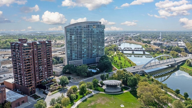 bird's eye view with a water view