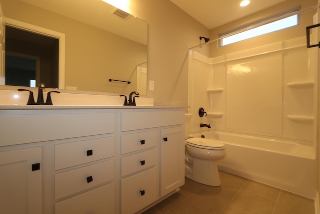 full bathroom with toilet, tile patterned flooring,  shower combination, and vanity