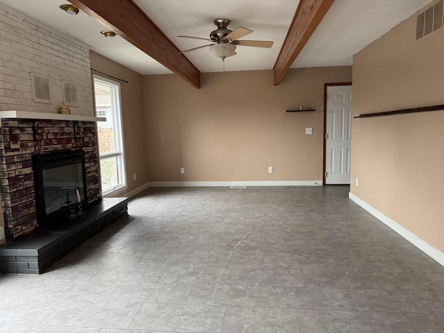 3630 Singing Wind Way, Urbana, OH 43078 - unfurnished living room with a ceiling fan, beamed ceiling, and a brick fireplace