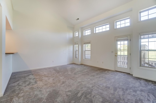 empty room with carpet floors and high vaulted ceiling